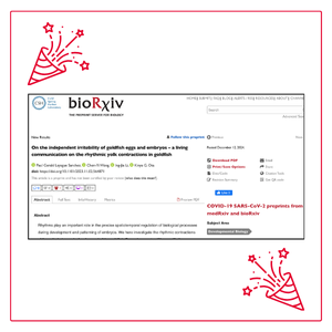 An image of a scientific preprint article lightly outlined in black against a white background with a red, square border. Above the article to the left is a red party poppers with star-shaped confetti exploding. Below the article to the right is another red party poppers with star-shaped confetti exploding.
