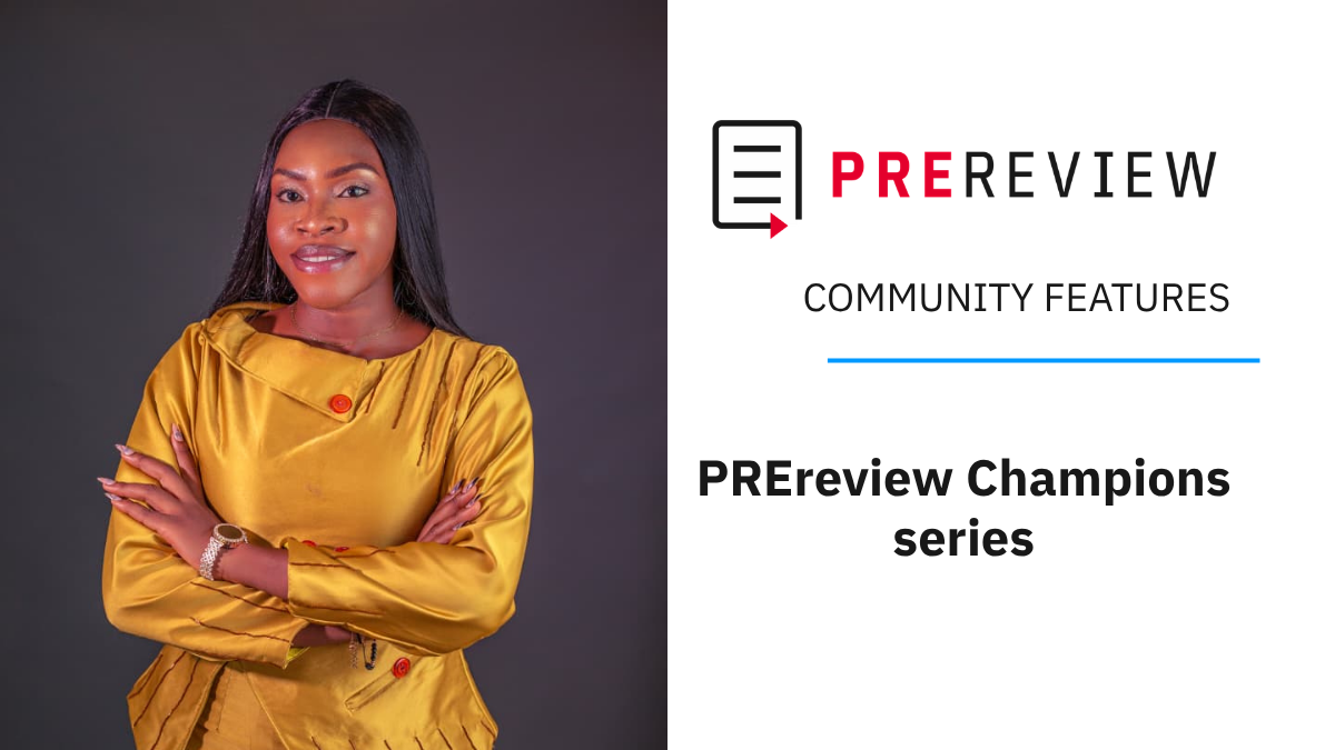 “PREreview COMMUNITY FEATURES: PREreview Champions series" banner, with headshot of the interviewee Mabel Omoniwa