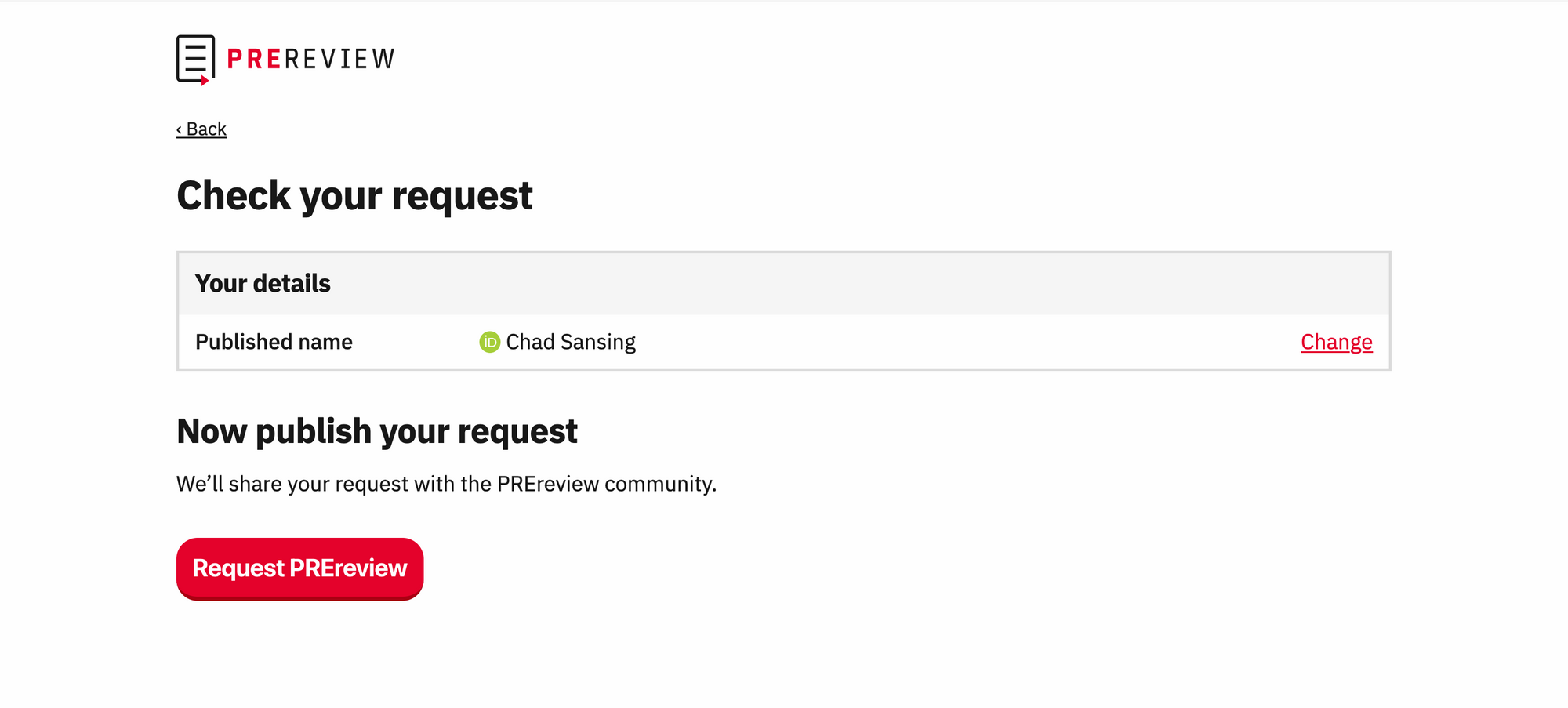 A screenshot showing how to double-check a request for review on PREreview.org