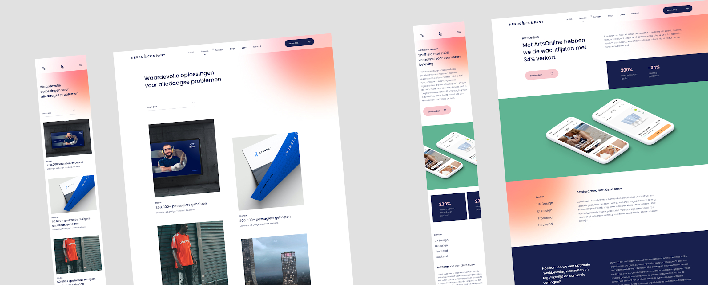 Twee pagina's van de nieuwe website uitgewerkt in Figma voor zowel mobile als desktop 