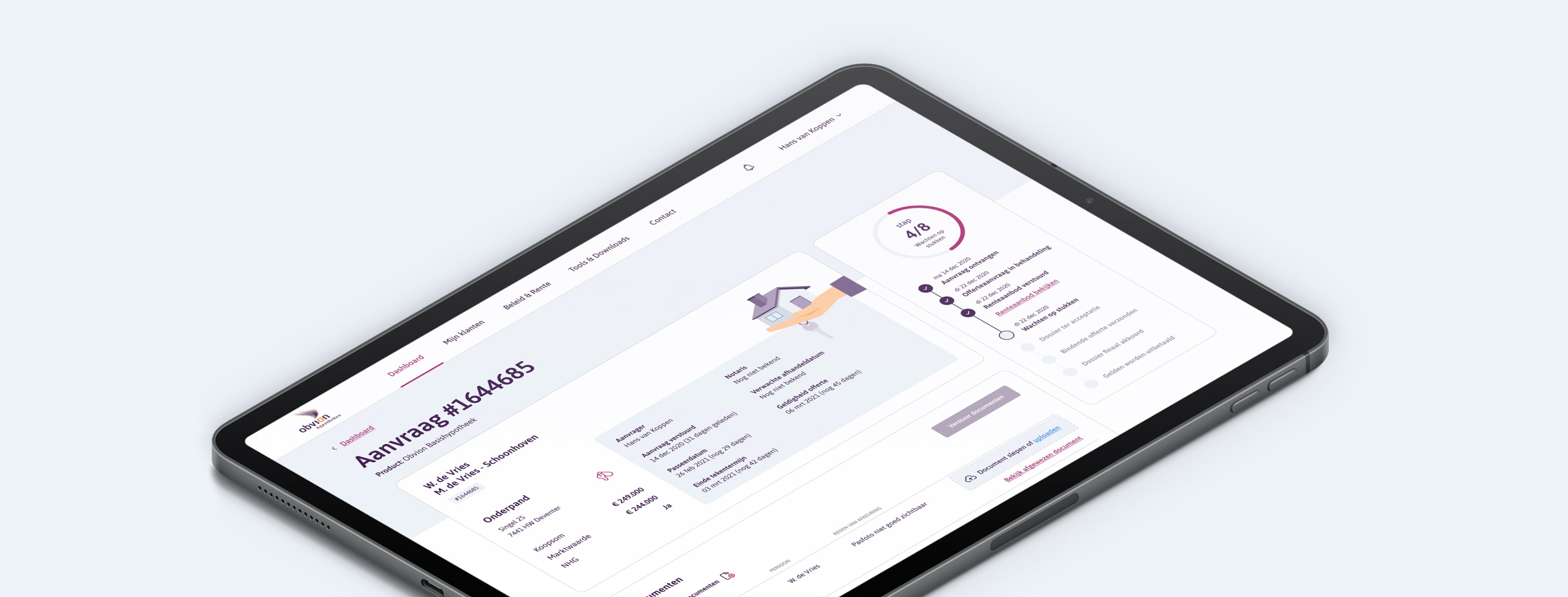 De aanvraag pagina getoond op een tablet 