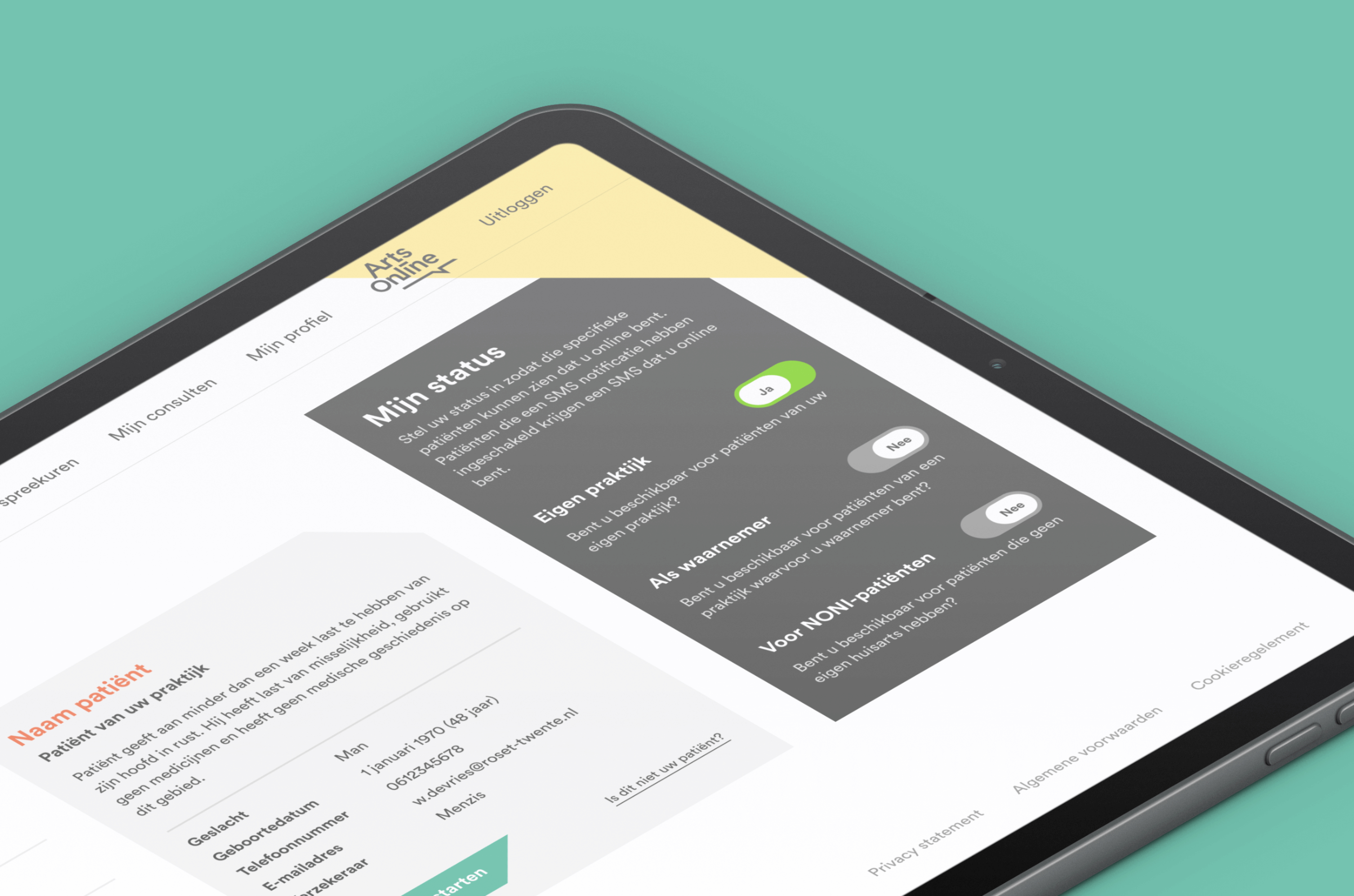 ArtsOnline - Een tablet met daarop de website op een groenblauwe achtergrond