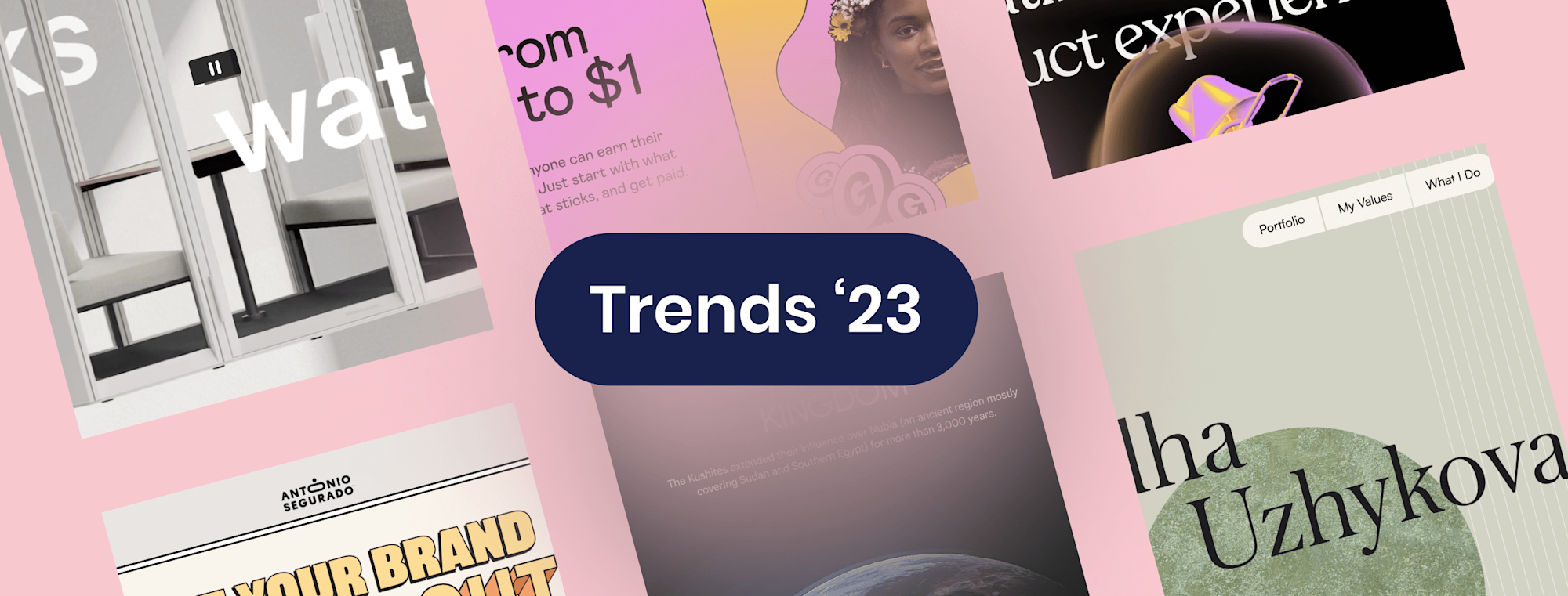 Enkele voorbeelden van design trends op een licht roze achtergrond met op de voorgrond een button met witte tekst "Trends '23"