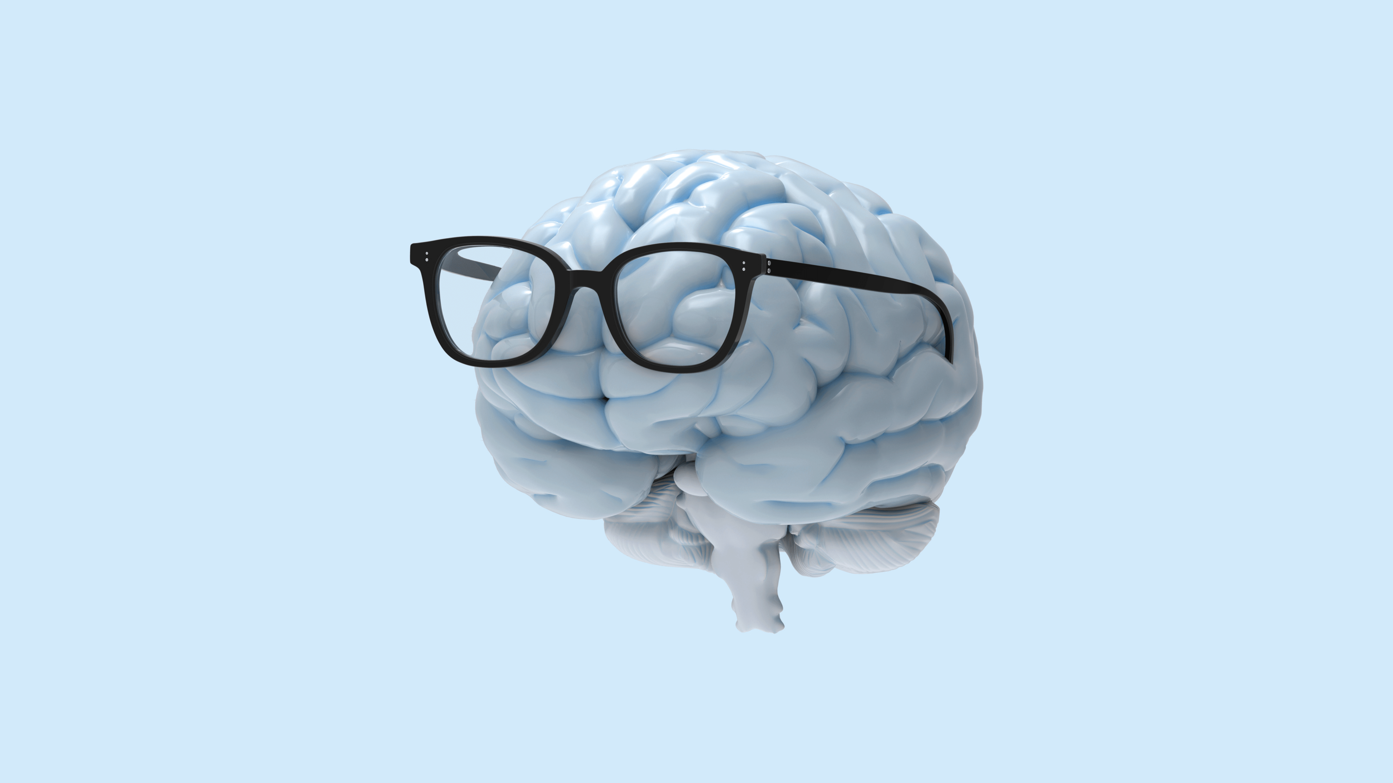 Een brein draagt een bril, lichtblauwe kleuren.