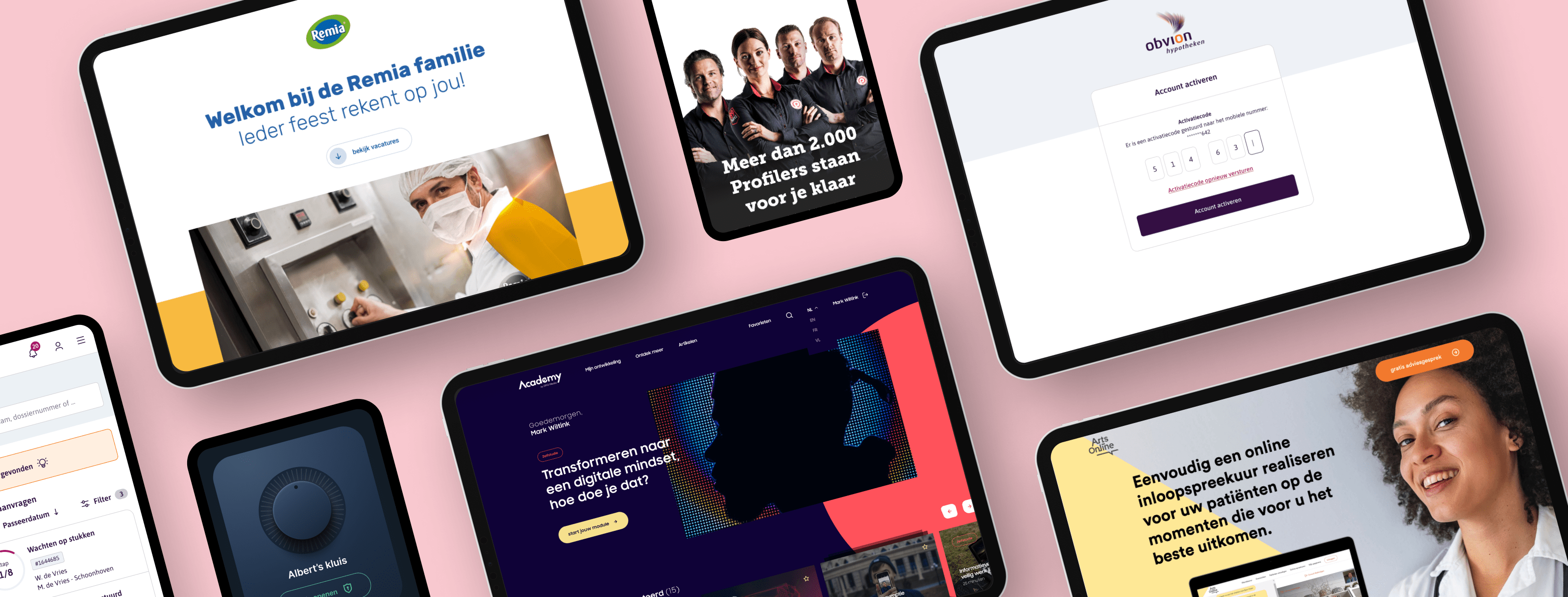 Een paar voorbeelden van maatwerk projecten geopend op mobiel of tablet, waaronder: Remia, Obvion, DPG Media, ArtsOnline,...