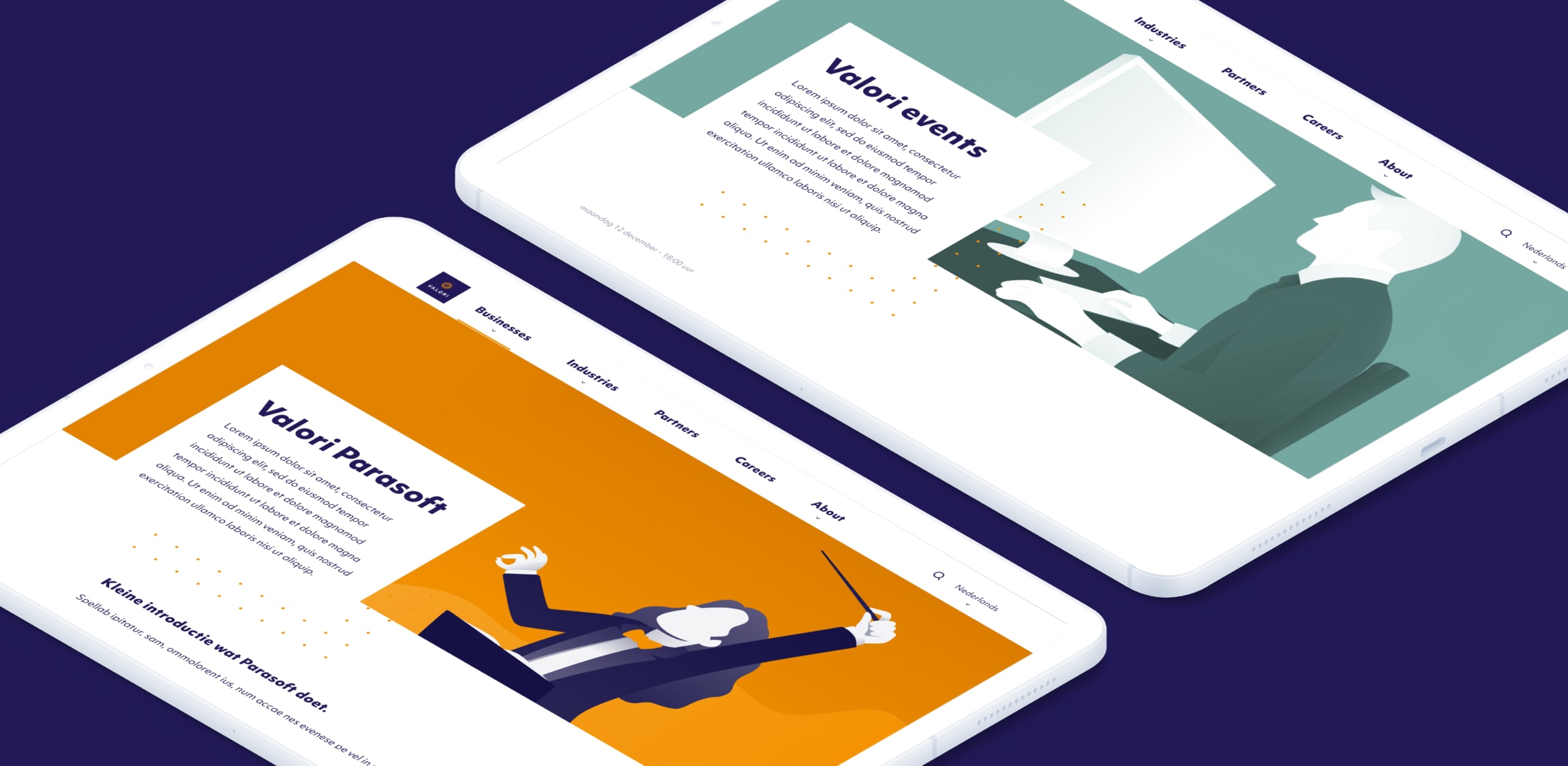 Twee pagina's van de Valori website uitgelicht op twee tablets, deze liggen op een donker blauwe achtergrond. 