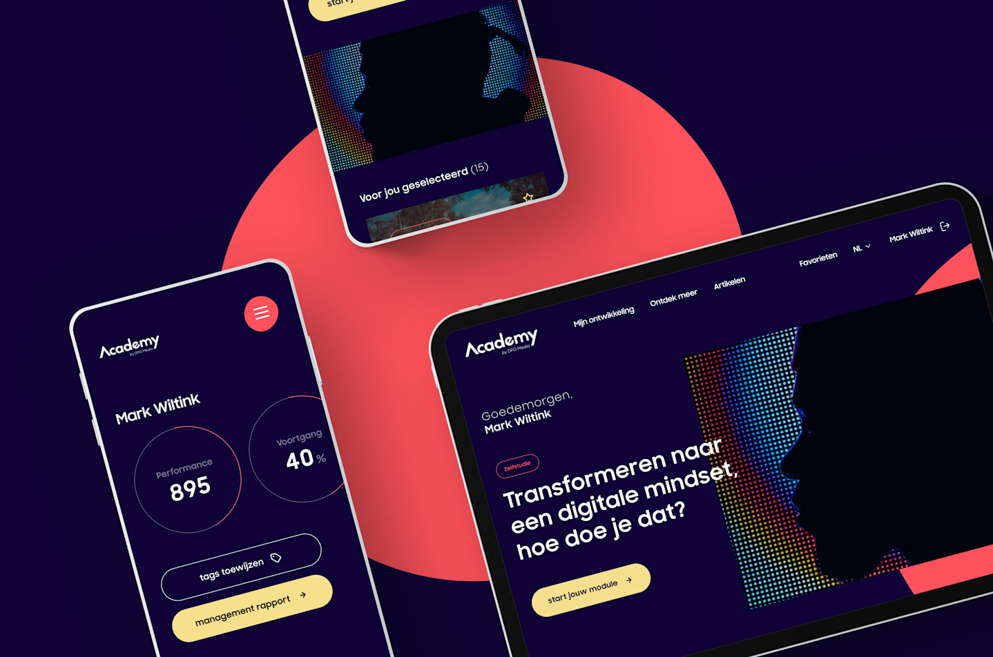 DPG - drie mobile devices tonen de DPG website, in donker paarse kleuren.