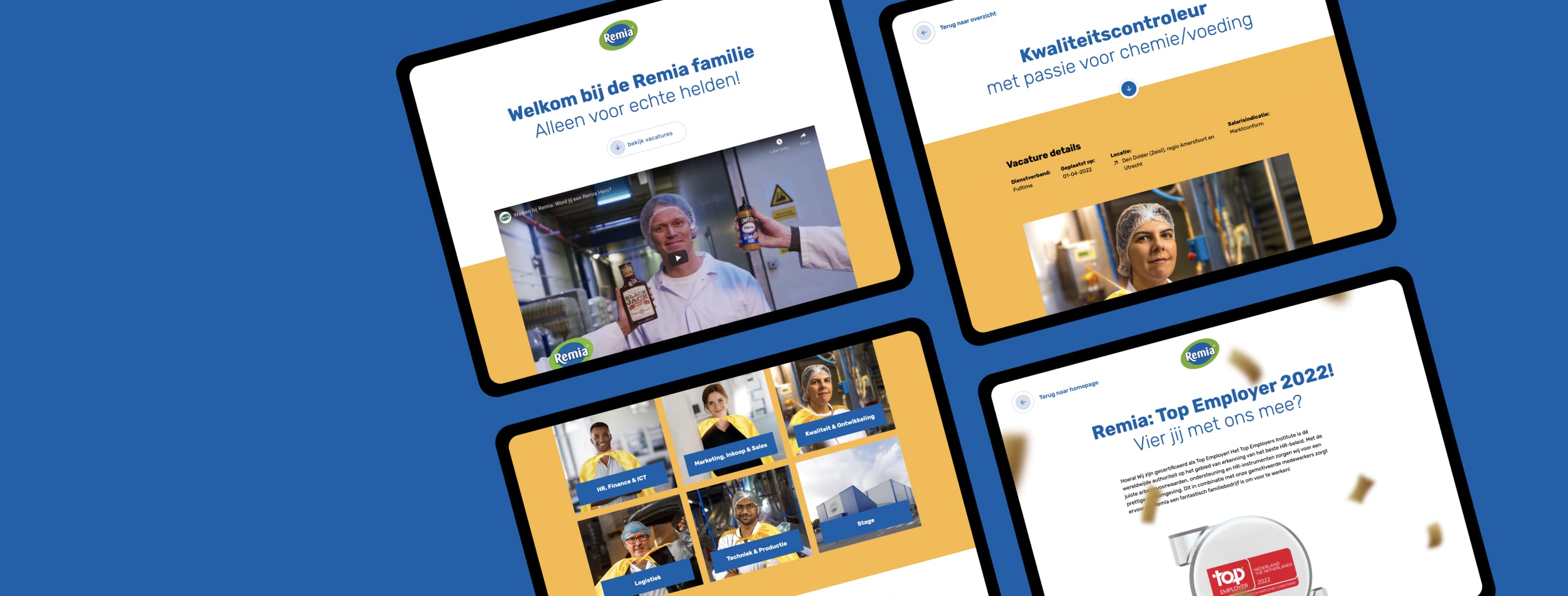 Vier pagina's van de Remia website getoond op tablets die op een blauwe achtergrond liggen. 