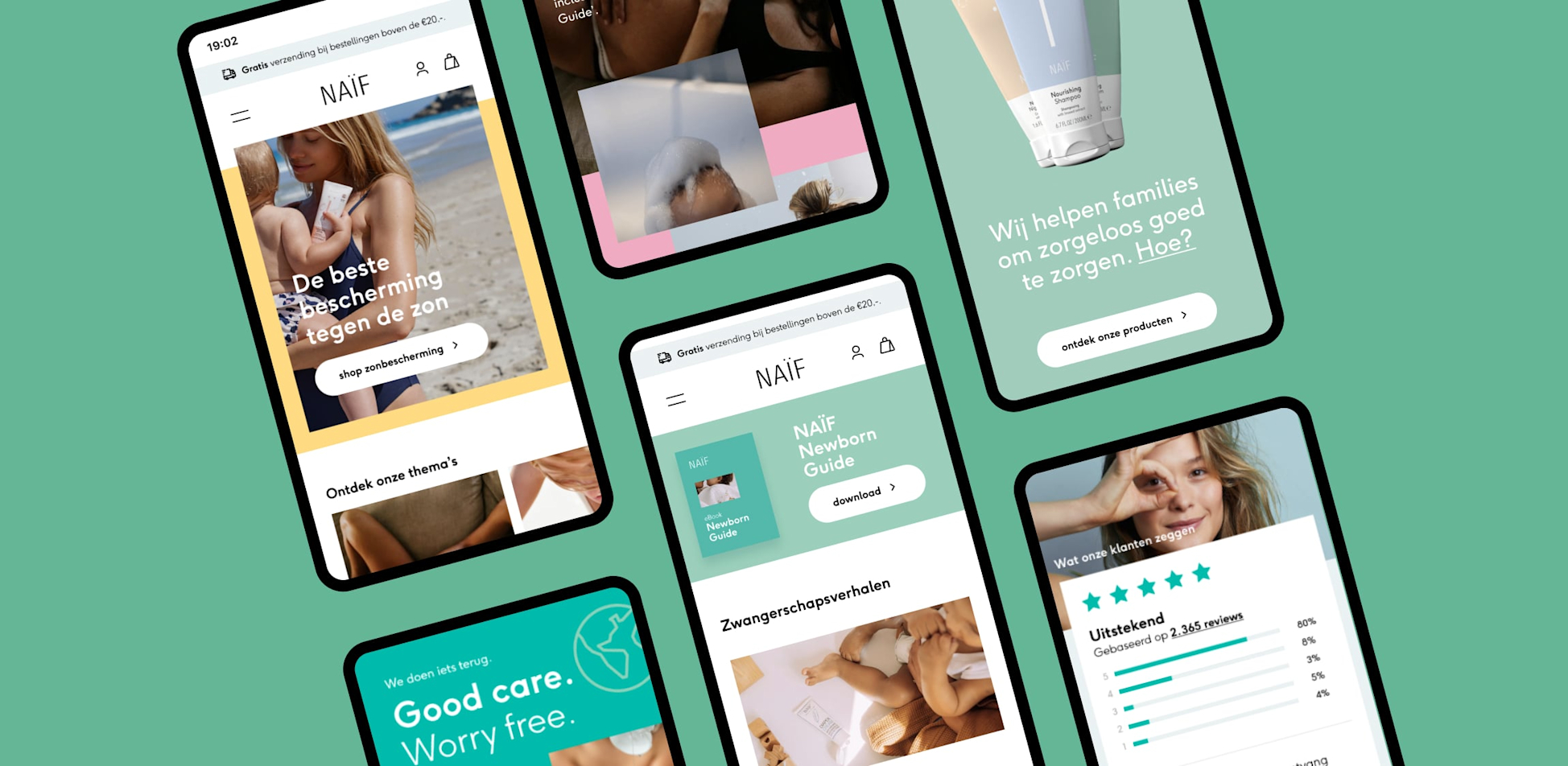 Een paar schermen van Naïf getoond op enkele mobiele apparaten, deze liggen op een groene achtergrond