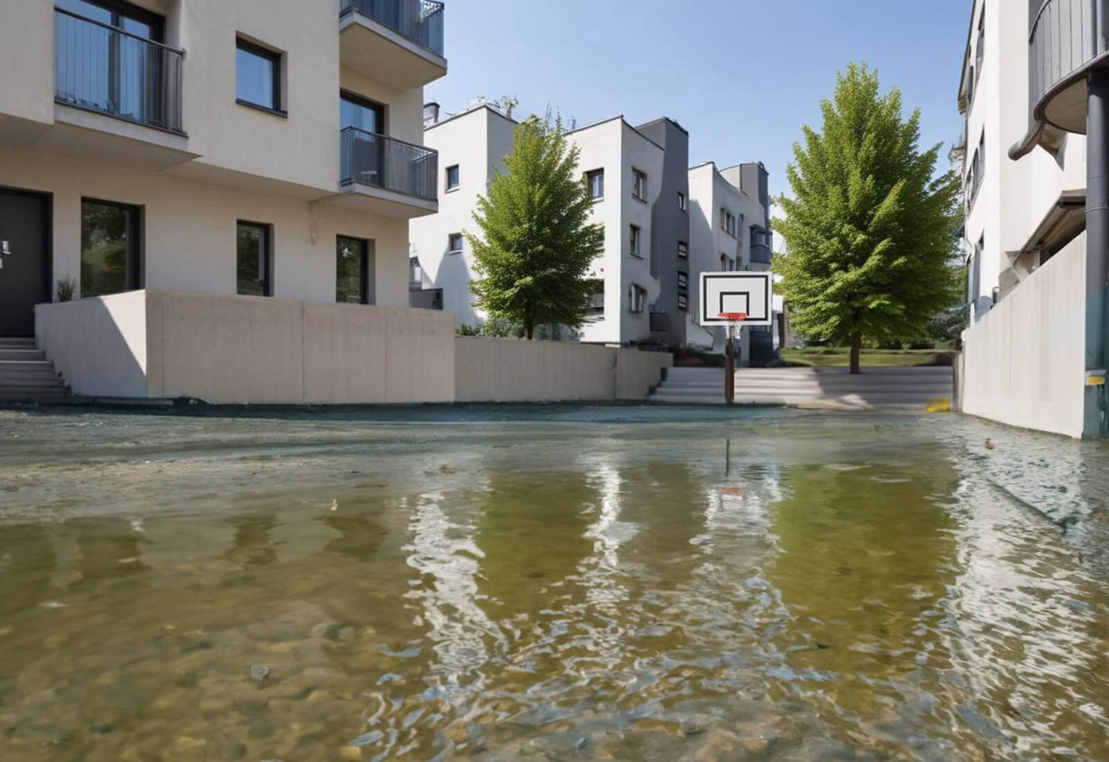 Bassin de rétention rempli d'eau de pluie