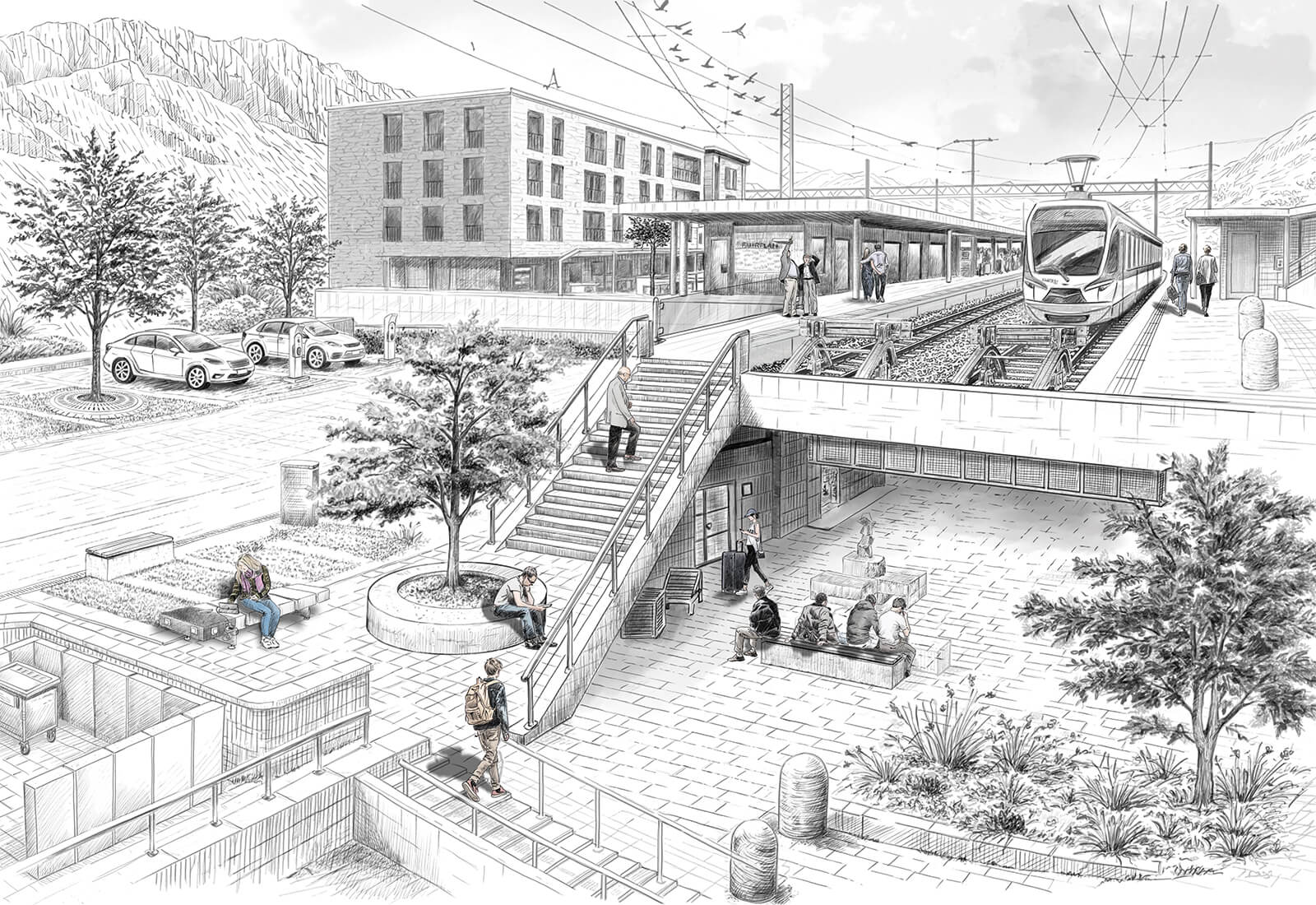 Grafik eines Bahnhofgeländes mit verschiedenen Lösungen aus Beton