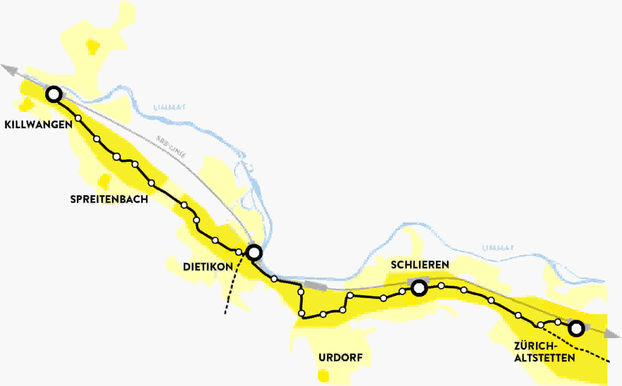 Linienführung Limmattalbahn dargestellt auf einer Karte.