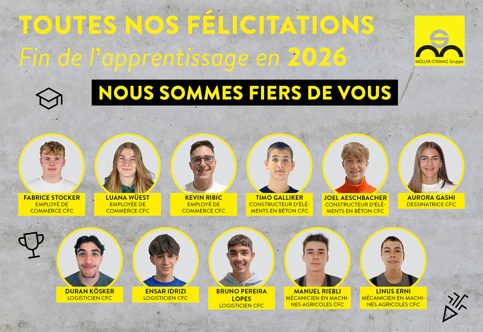 Diplôme de fin d'apprentissage du groupe MÜLLER-STEINAG 2026