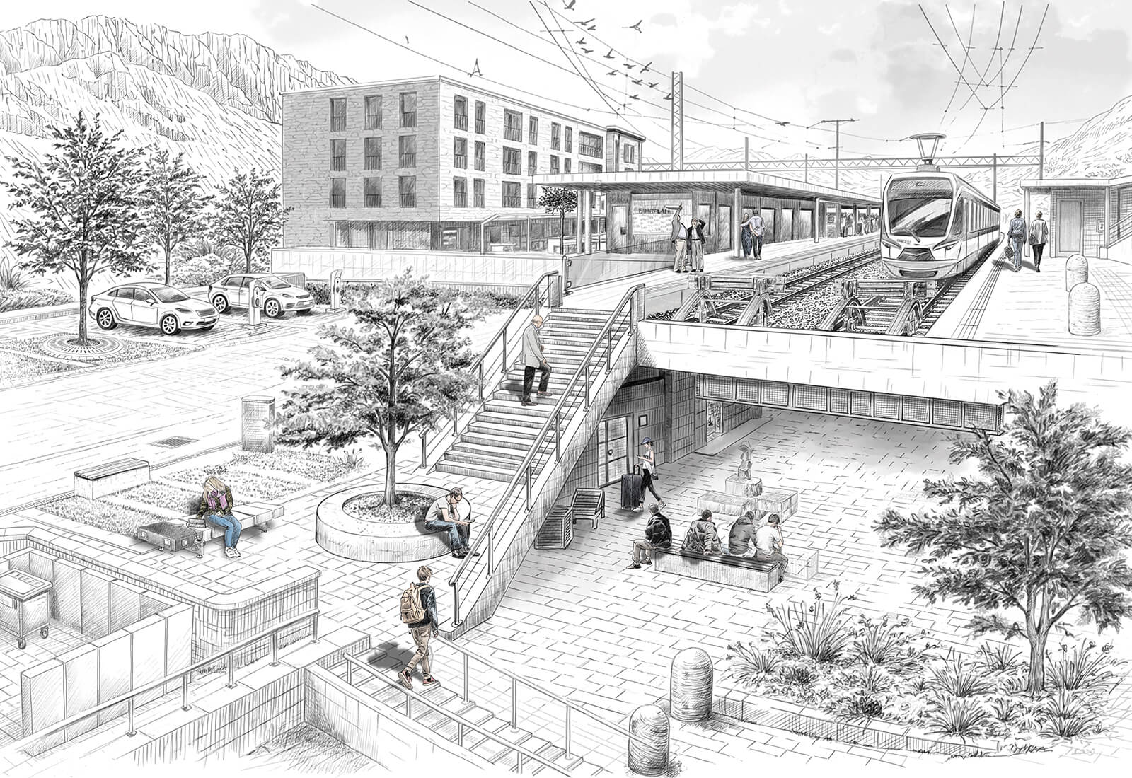 Bahnhofgelände mit Betonprodukten