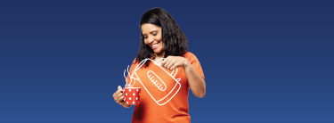 Everyday (without overlay) Smiling woman in an orange t-shirt pouring into a red polka-dot cup from a white kettle outline