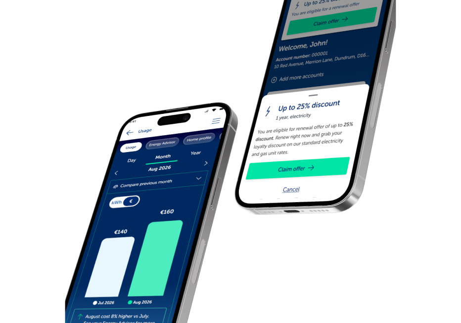 mobile-app-roi-3 Screens of the app. First shows a bar graph, second shows a title saying "25% discount"