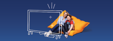 Weekends-card A woman and a child sitting on an orange bean bag, looking at an outlined TV in a blue background