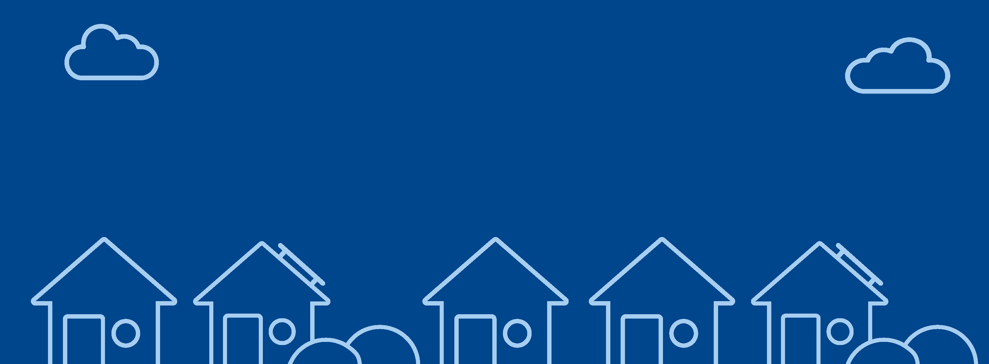 A drawing of a house and clouds on a blue background