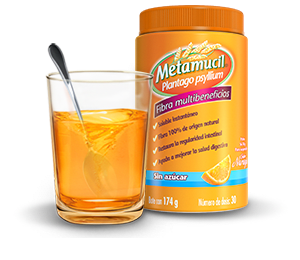 Bote de Metamucil con vaso