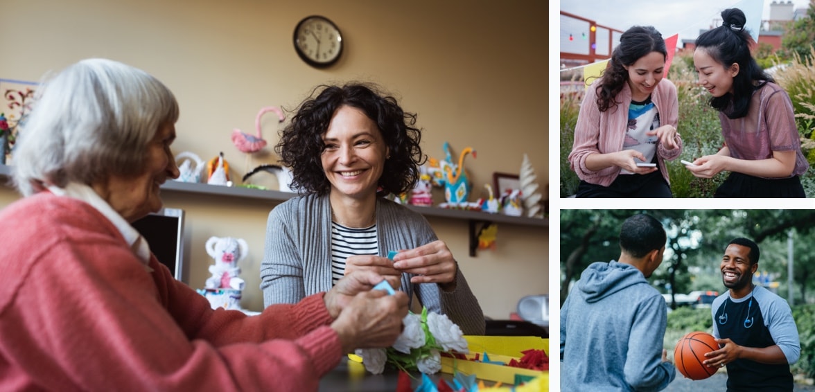 Serie von drei Bildern, eine alte Dame und eine Frau, die lächelnd Papierblumen basteln, zwei Mädchen, die lachen und grinsen, während sie mit Smartphones telefonieren, zwei Männer, die sich beim Basketballspielen unterhalten