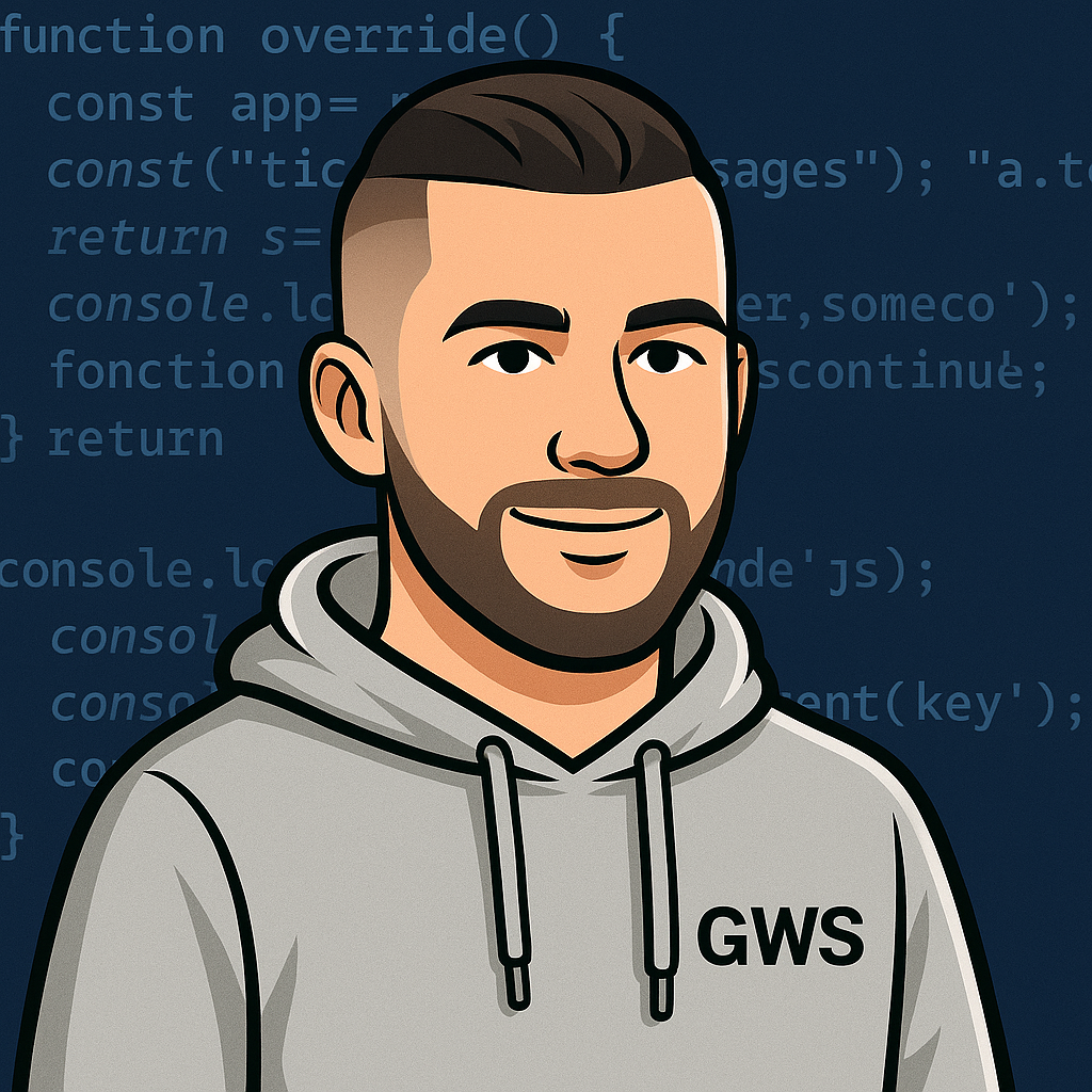 Avatar of Oliver Patterson in a Gibraltar Web Studio hoodie, with web design code behind him