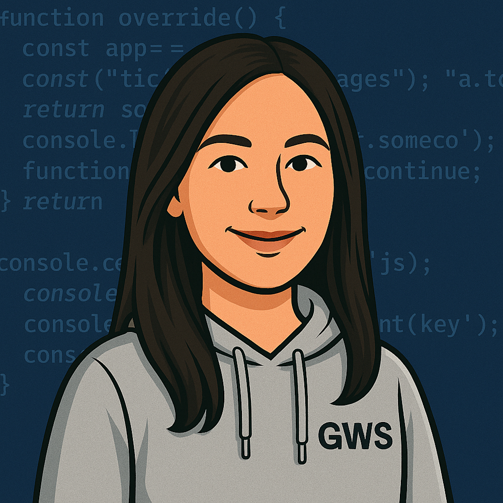 Emily Smith, front-end developer and UX expert, avatar wearing a Gibraltar Web Studio hoodie with web design code in the background