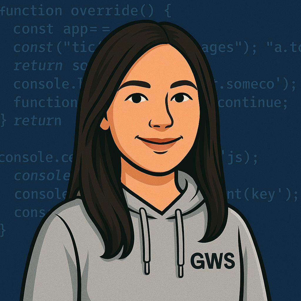 Emily Smith, front-end developer and UX expert, avatar wearing a Gibraltar Web Studio hoodie with web design code in the background