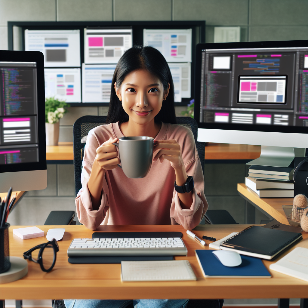 Web designer toasting coffee cup at computer.
