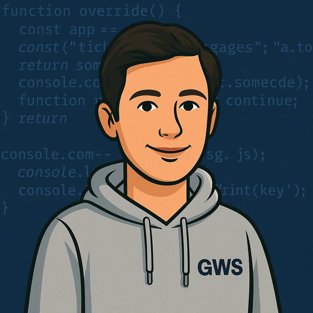 Senior web designer and software developer Joe Hough avatar wearing Gibraltar Web Studio Hoody with software code backdrop