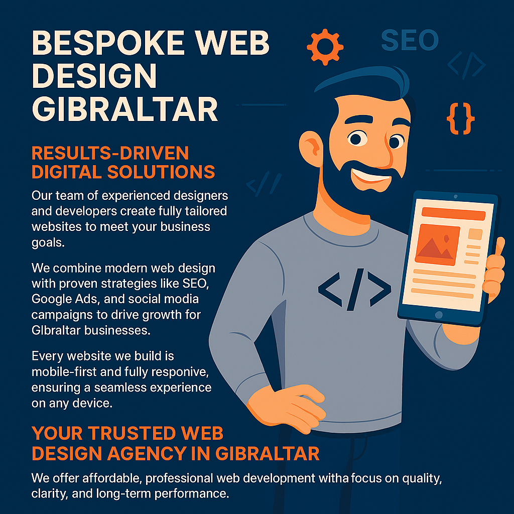 Digital illustration showcasing modern web design services in Gibraltar, featuring a smiling character with Rock of Gibraltar in the background.