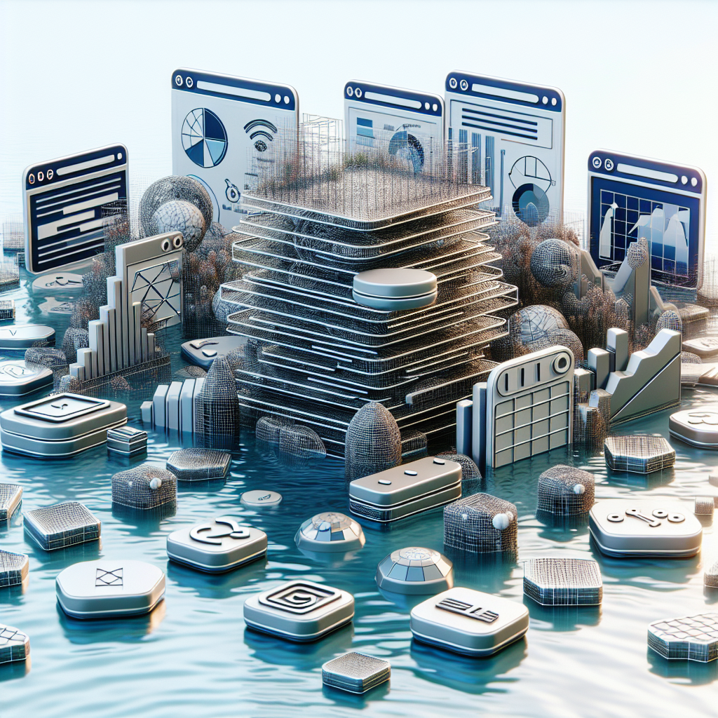 Web design elements and optimization metrics floating on water.