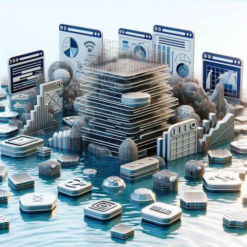 Web design elements and optimization metrics floating on water.