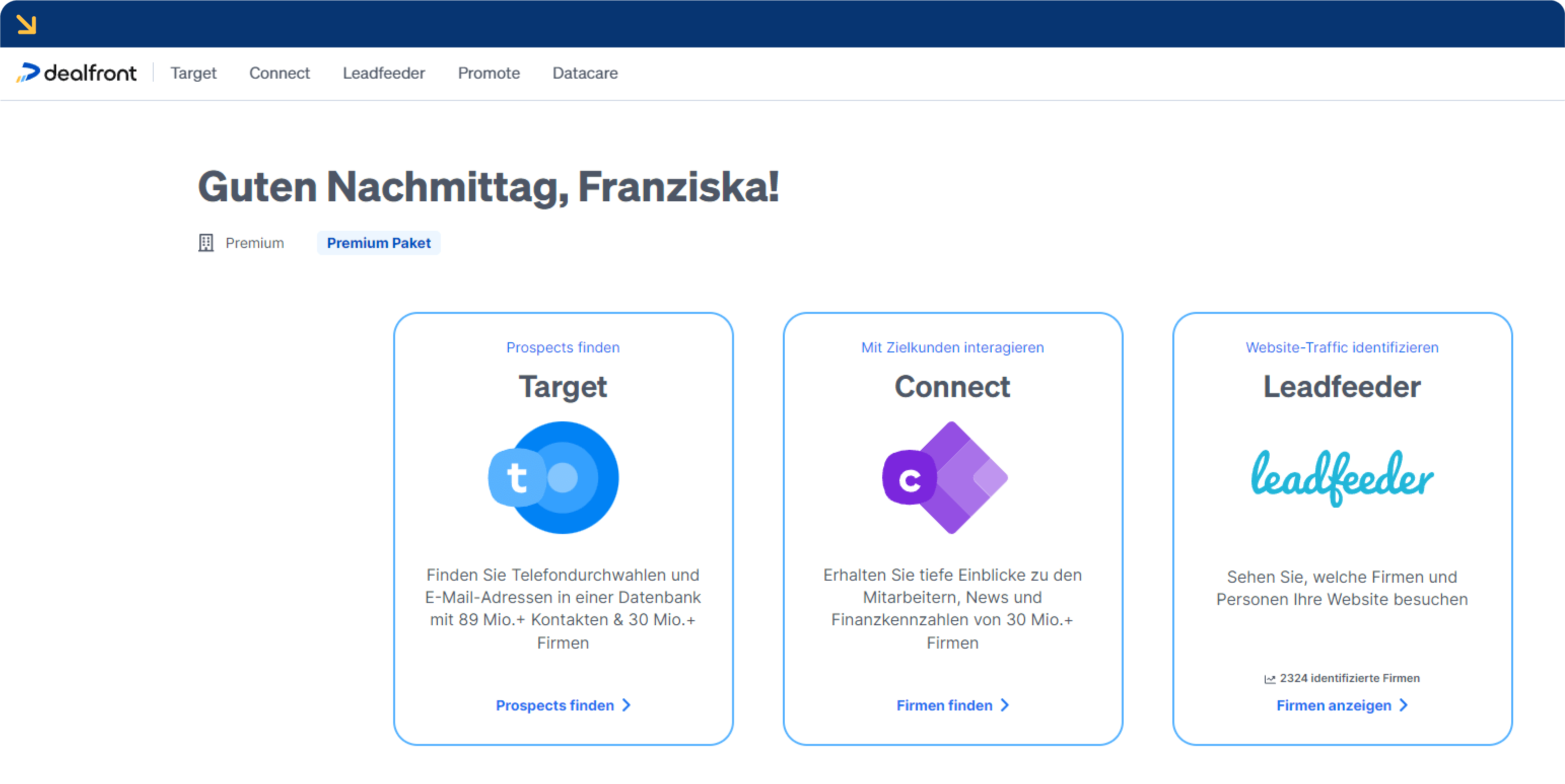 Beispiel für die Sales Intelligence Tools Target, Connect und Leadfeeder von Dealfront