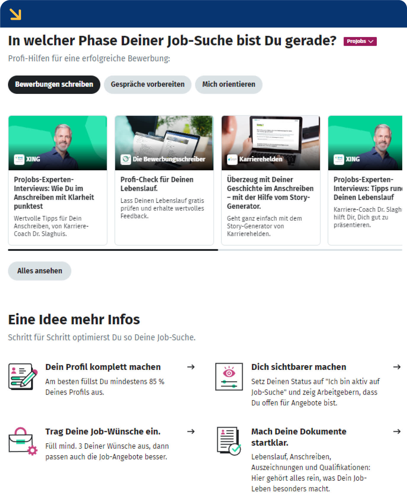 Inhalte im ProJobs-Bereich bei Xing