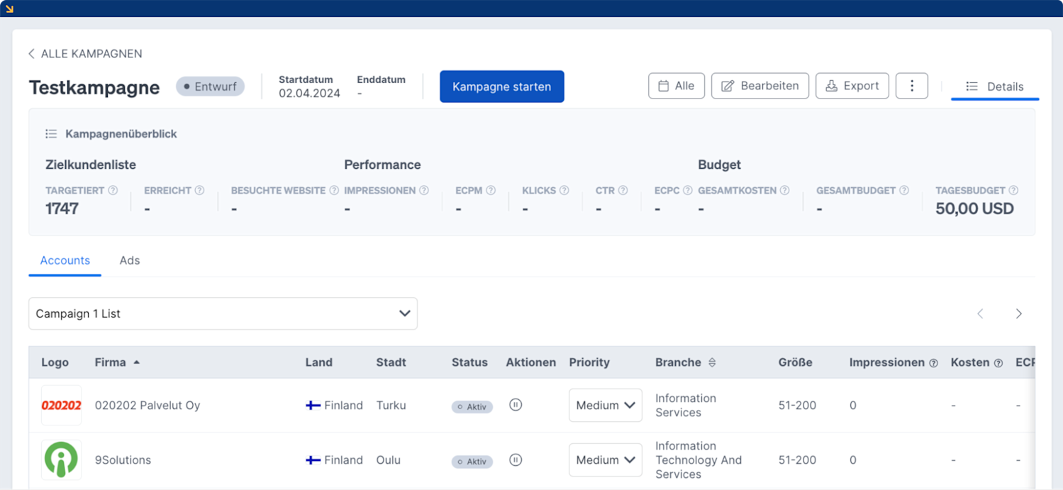 So sieht der „Kampagne starten”-Button aus.