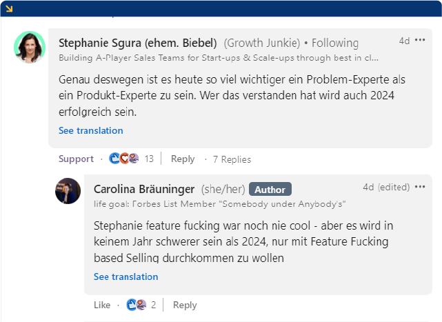 Kommentar zu einem Post von Carolina Bräuninger