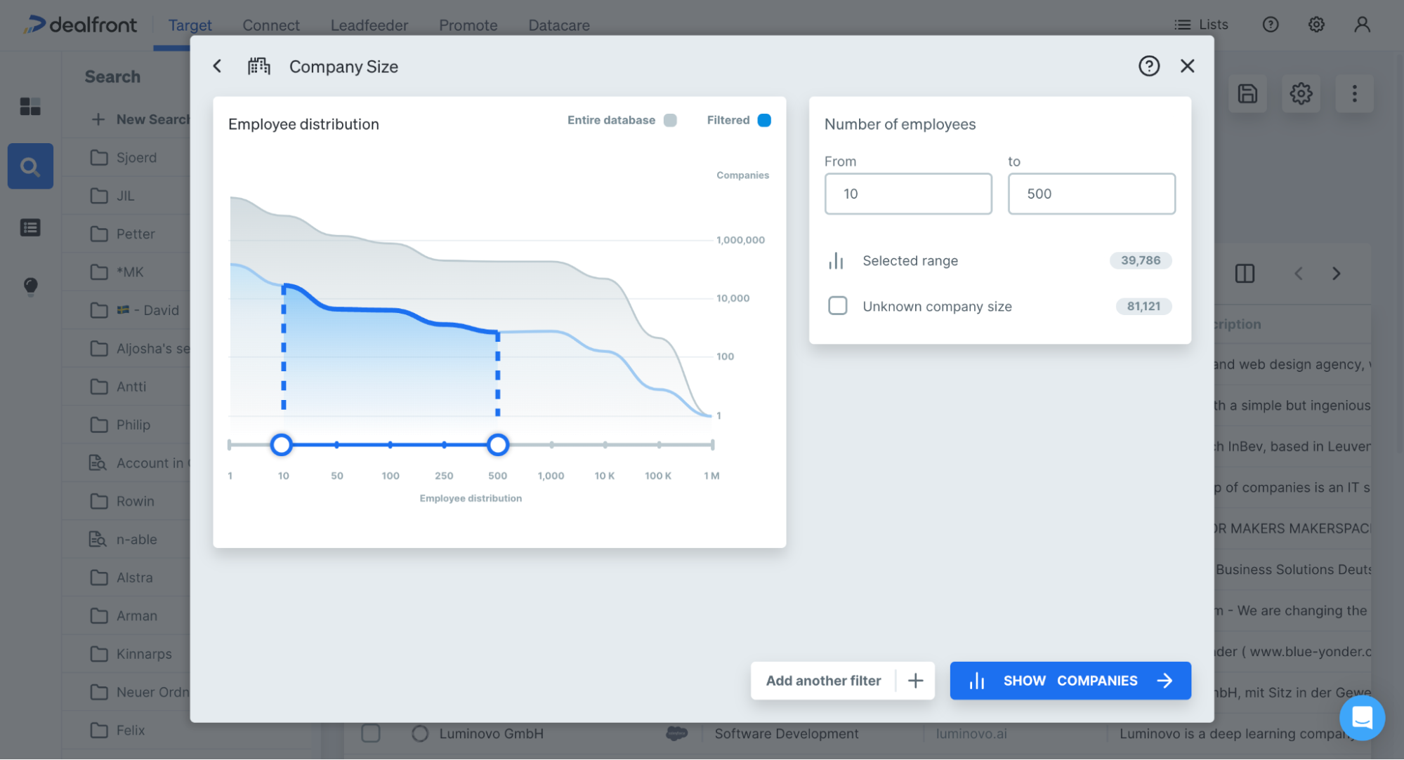 How to calculate your TAM in Dealfront Target - Select a range for company size