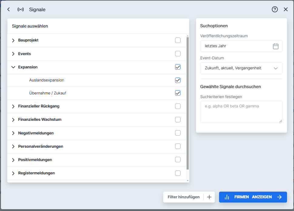 Wie Du nach Firmen mit Expansionsplaenen in Target filtern kannst