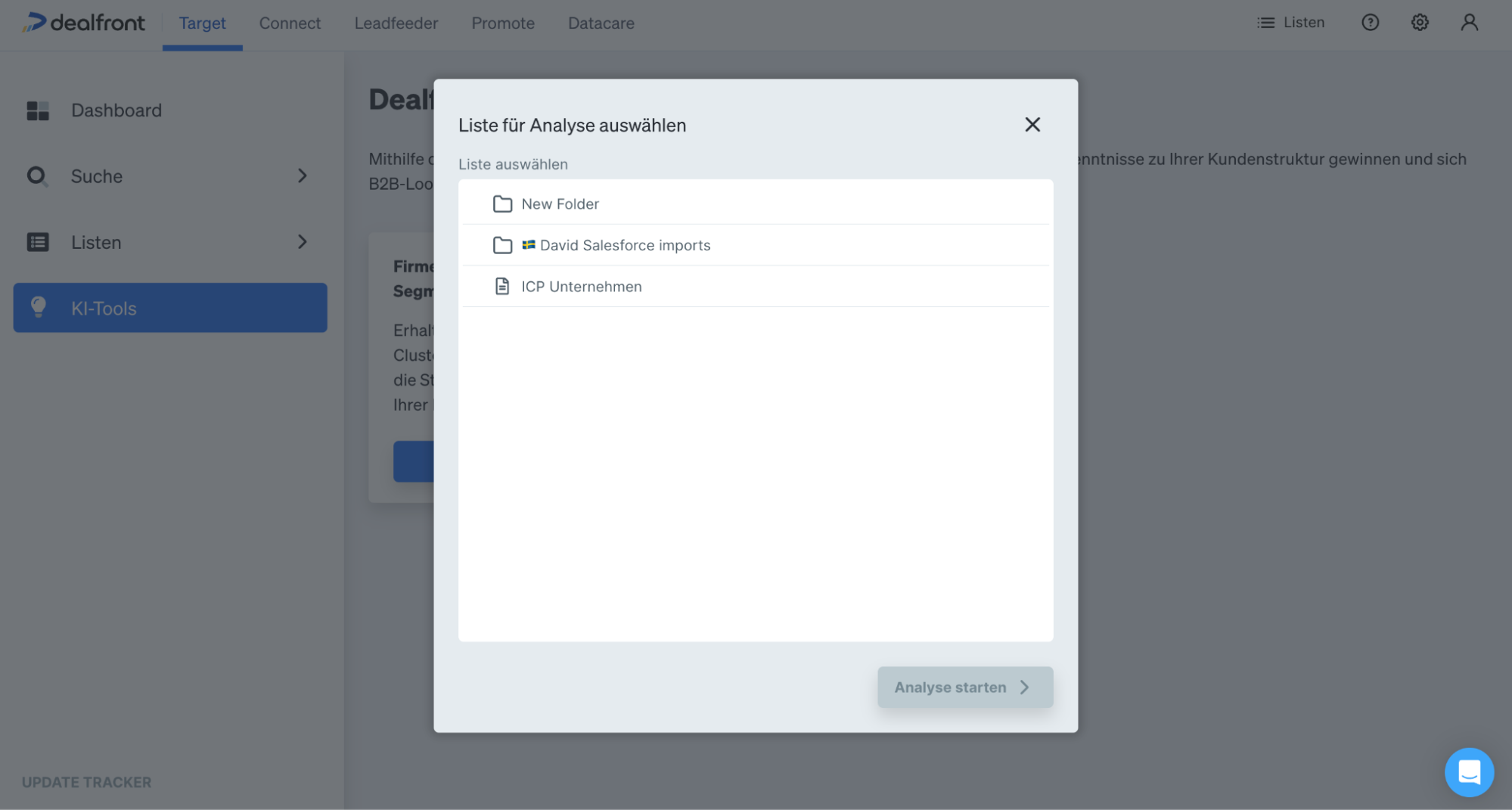 Firmenliste auswählen für Analyse mit Dealfront KI