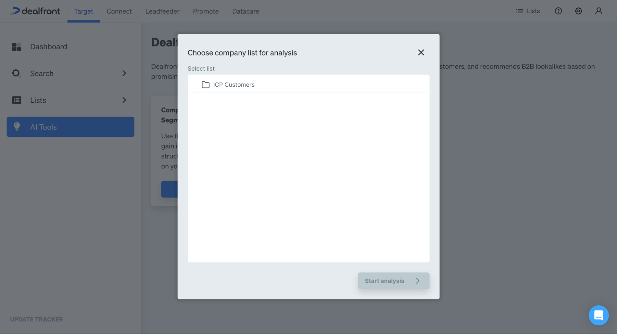 Select company list of ICP to analyize with Dealfront AI