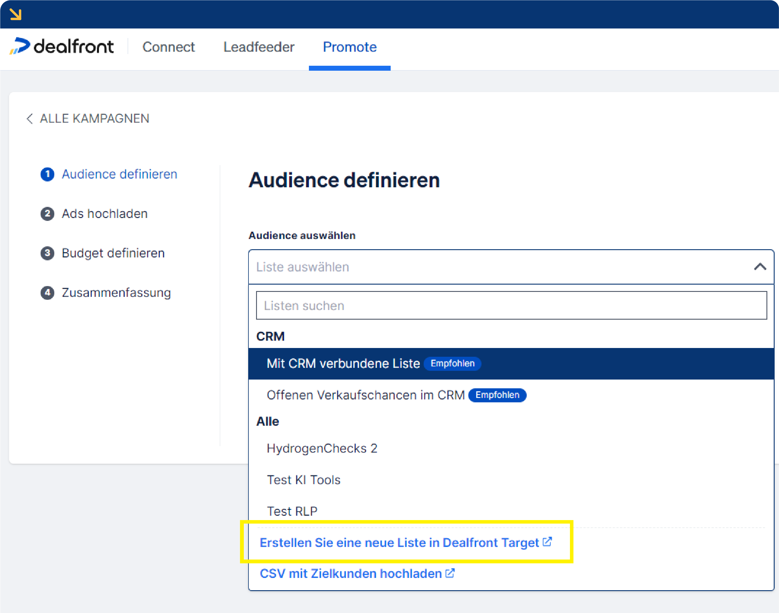 Wähle Deine Liste in Promote aus