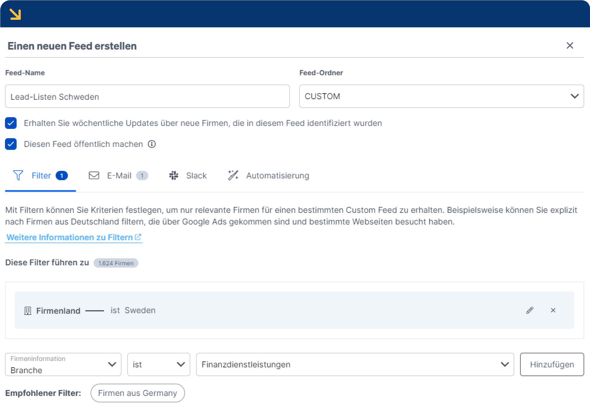 Feed erstellen in Dealfront Leadfeeder