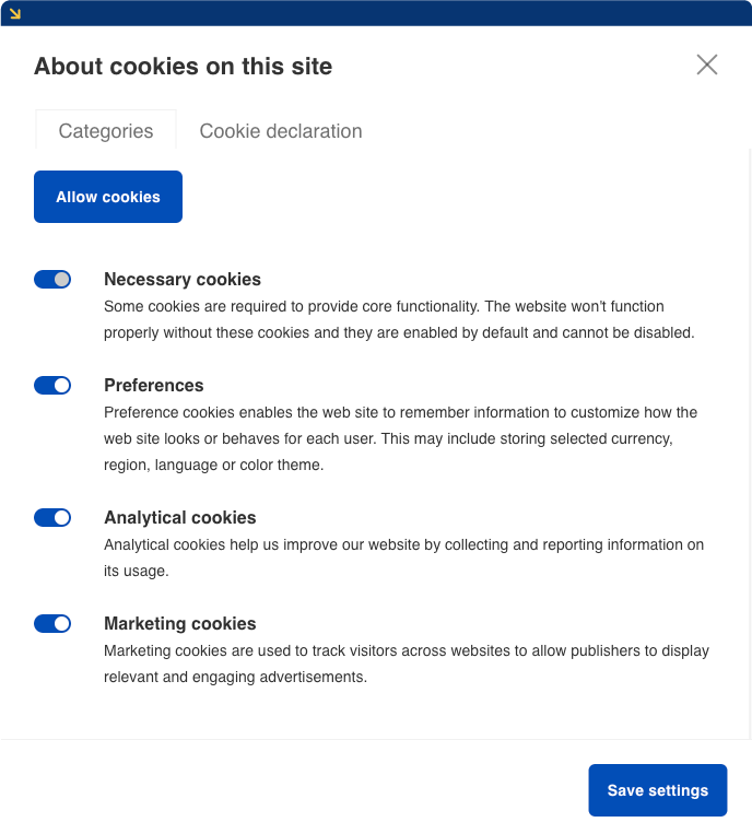 Screenshot of cookies declaration