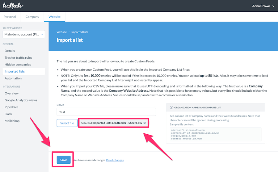 imported-lists-leadfeeder-save