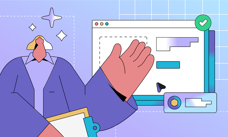 A business development representative pointing at a computer screen