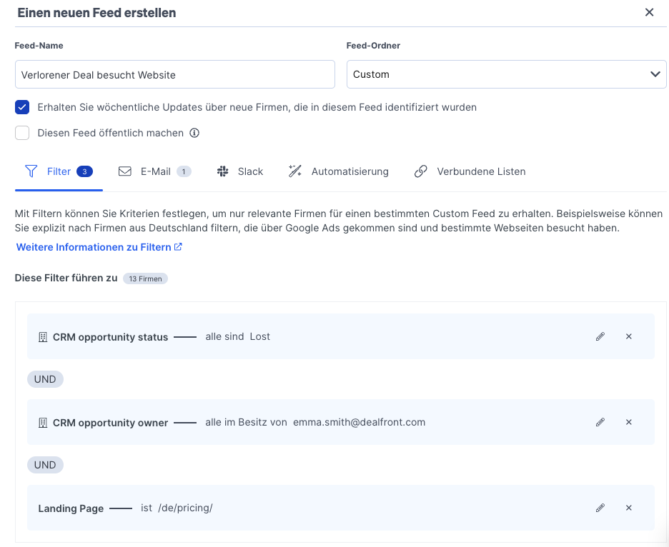 Neuen Feed erstellen offene Verkaufschancen in Leadfeeder