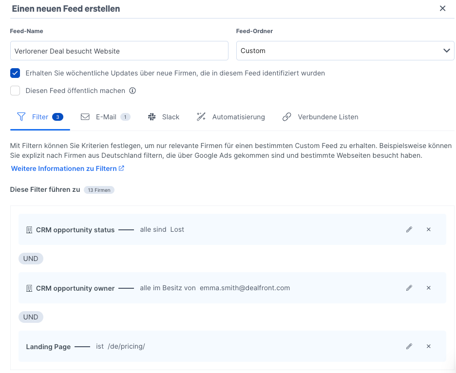 Neuen Feed erstellen offene Verkaufschancen in Leadfeeder