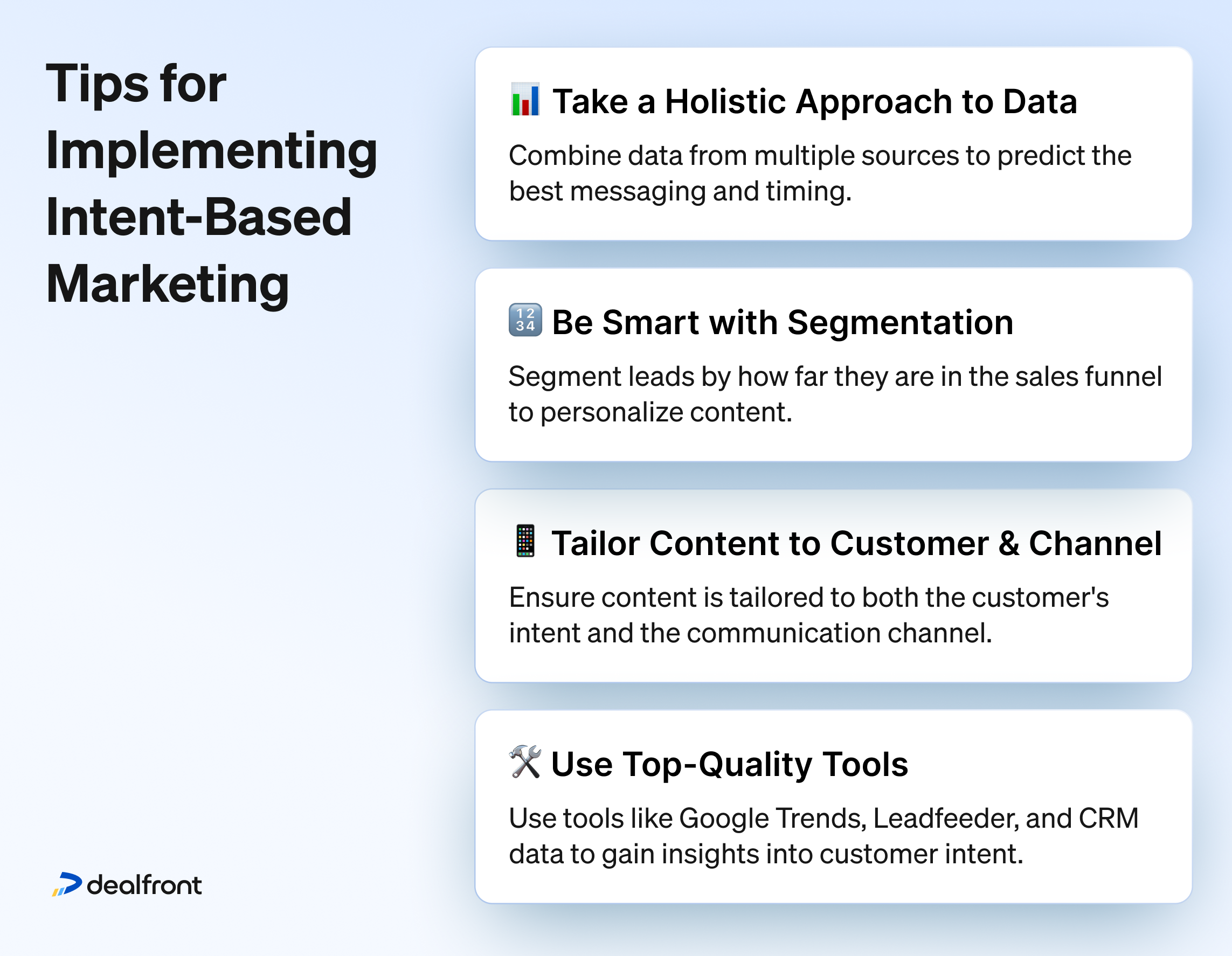 Itโs time to take stock and finish up with a few important points to bear in mind when youโre implementing intent-based marketing.ย
Itโs a wide-ranging subject, but if you remember a few core principles, you wonโt go far wrong. Hereโs our handy list of top tips:ย