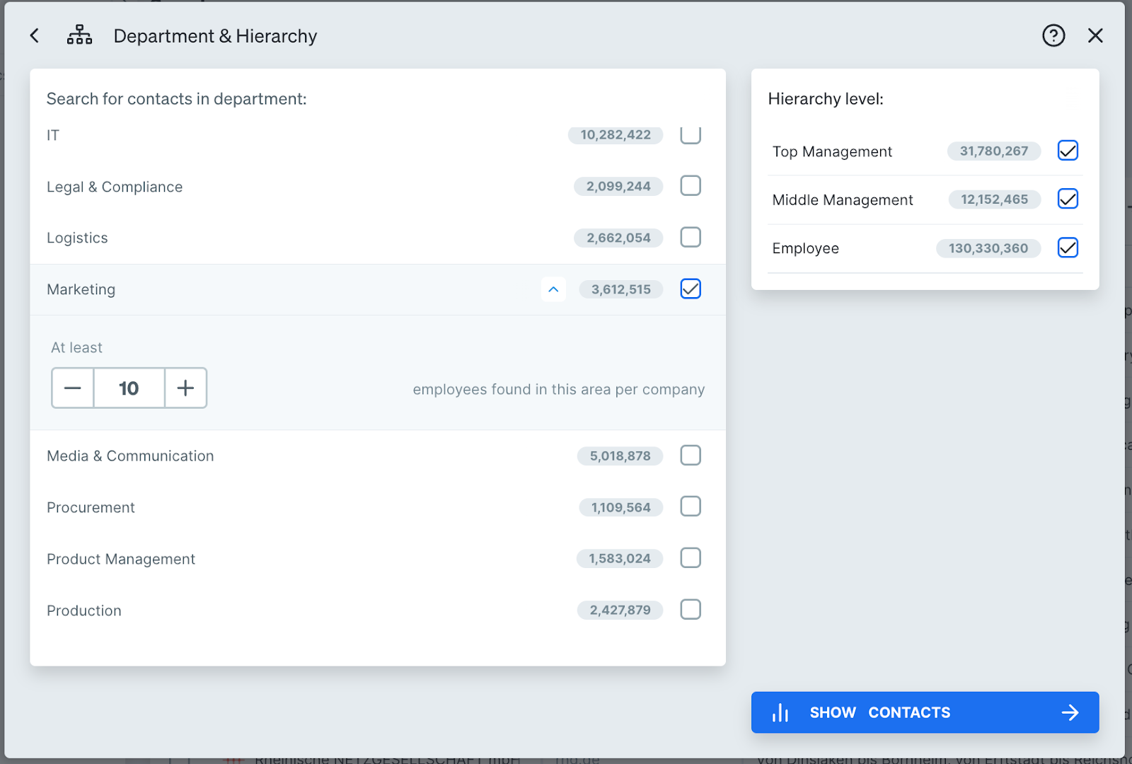 Department filter in Dealfront Target
