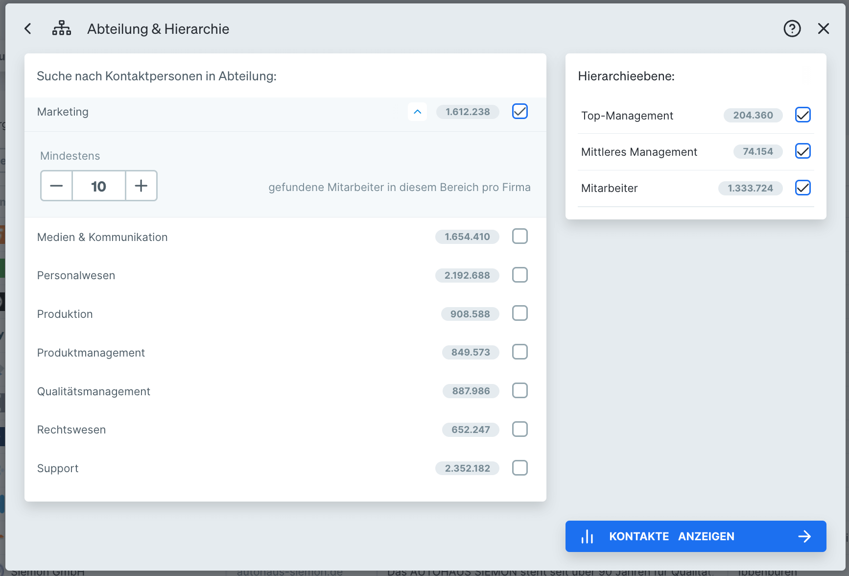 Abteilungsfilter in Dealfront Target